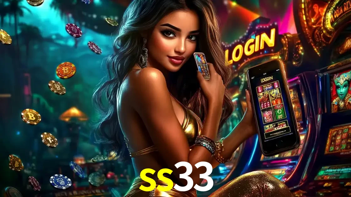 Mulher em um cenário de cassino temático de aventura, mostrando o app de caça-níqueis da ss33 no celular. Fichas de apostas flutuam ao redor.