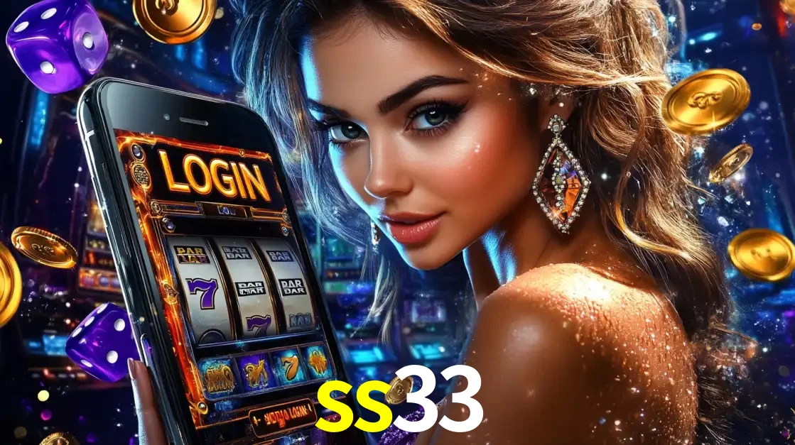 Mulher glamorosa segurando um smartphone com a tela de login para os jogos de caça-níqueis do cassino online ss33, com moedas de ouro e dados ao redor.