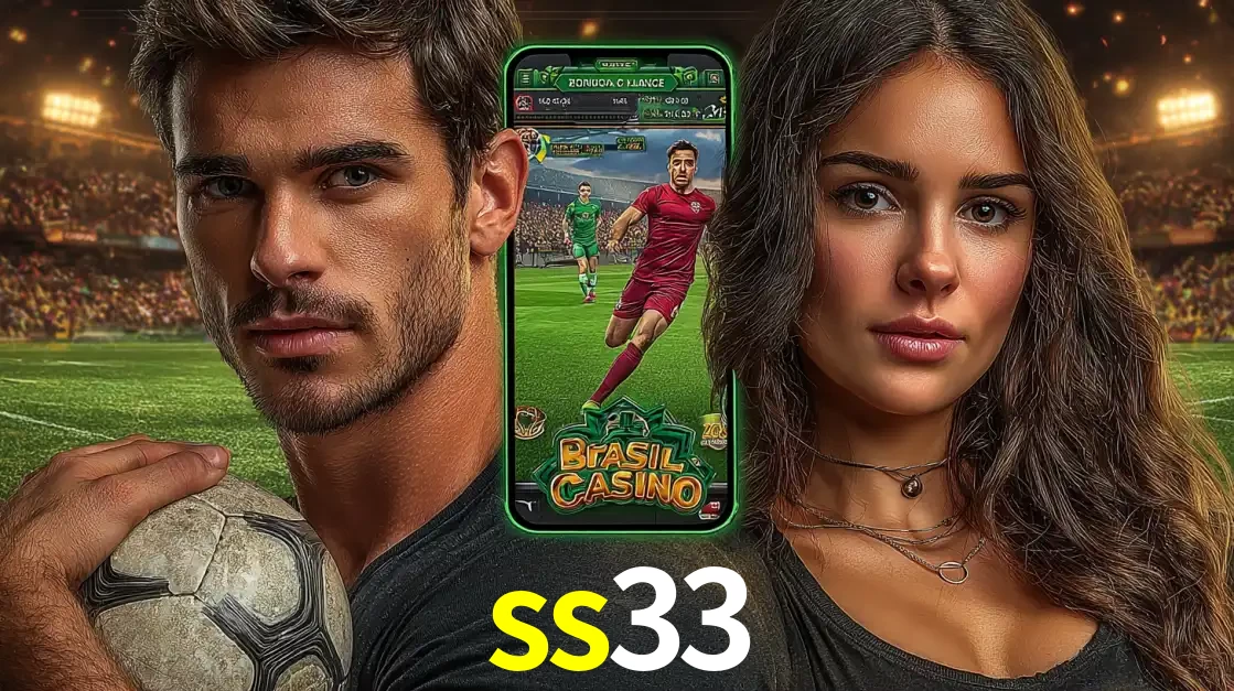 Homem segurando uma bola de futebol e uma mulher ao lado de um smartphone exibindo o jogo de apostas esportivas da ss33. Faça seu palpite no cassino online.